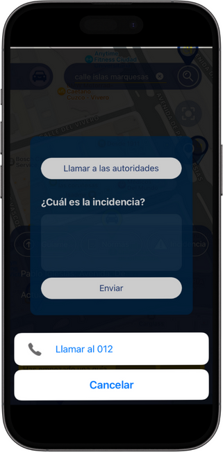 App Park4Dis. Imagen que muestra las dos opciones de gestión de incidencias: llamar a las autoridades (al pulsar, aparece en la parte inferior de la pantalla “Llamar al 012” o “Cancelar”) o escribir la incidencia en el cuadro de texto.