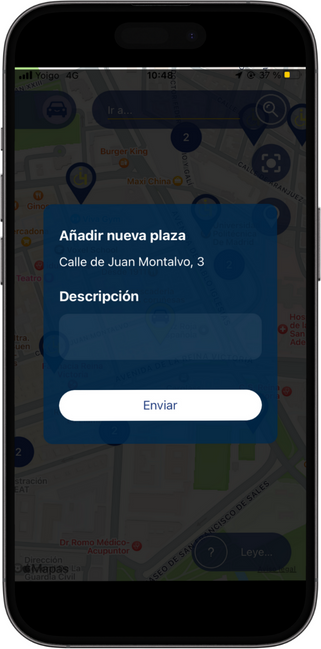 App Park4Dis. Imagen que muestra la ventana para añadir una nueva plaza. Se muestra la dirección correspondiente a la posición actual del usuario, un cuadro de texto para añadir una descripción y el botón “Enviar”.