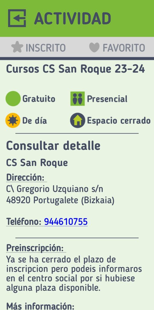 Example information of a course offered in San Roque. We can see that it has some spaces where it indicates the location, date, presence and cost (if available). Likewise, in the central part a brief description of the proposed activity is indicated.