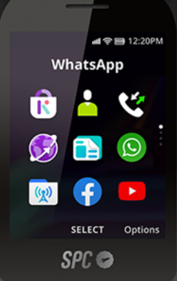 Main menu of the phone with the icons in the middle of each of the programs installed on the phone. Additionally, at the bottom of the screen we can see the text corresponding to the select and options buttons.