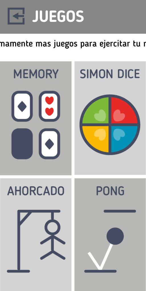 Submenú de iconos de juegos que nos facilita la aplicación. Tenemos el memory arriba a la izquierda, el simon dice arriba a la derecha. Y en la parte inferior tenemos el ahorcado abajo a la izquierda y el pon abajo a la derecha