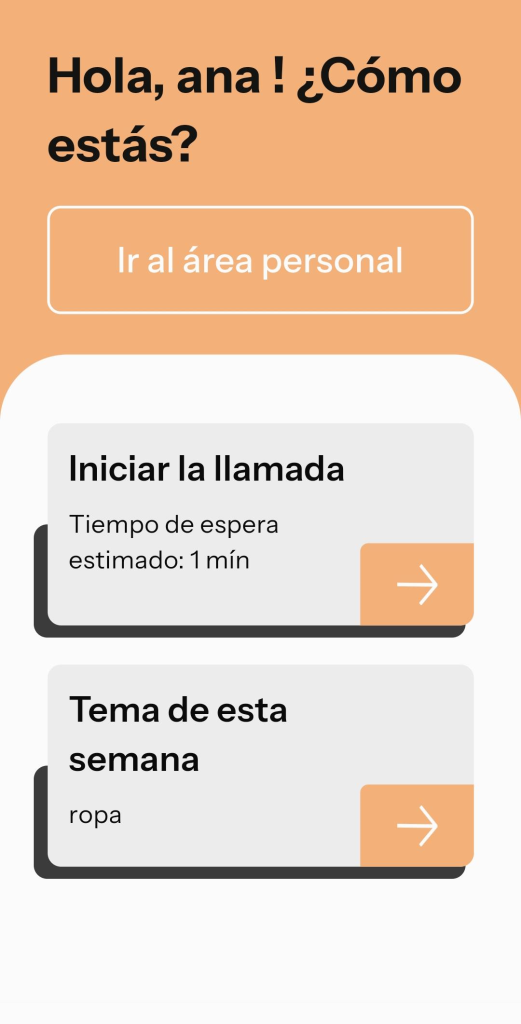 Página principal para iniciar las llamadas, en el centro se encuentra el botón para iniciar una llamada y en la parte inferior el botón para ver los posibles temas de la llamada