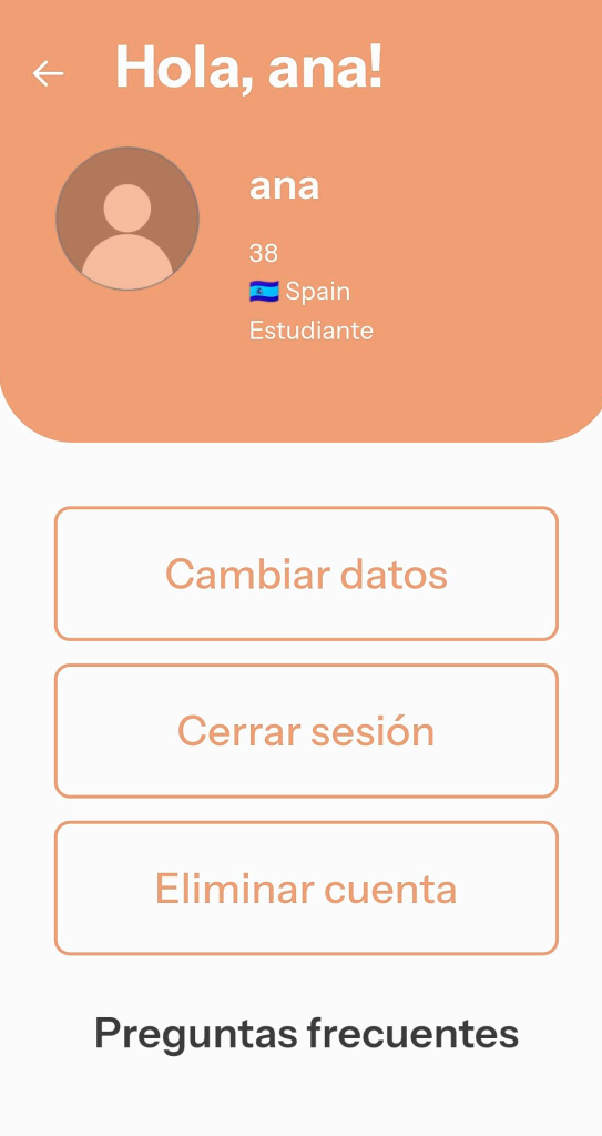 Página de ajustes. En el botón superior está cambiar datos. En el botón situado en el centro de la página está cerrar sesión y en el botón de la parte inferior está eliminar cuenta