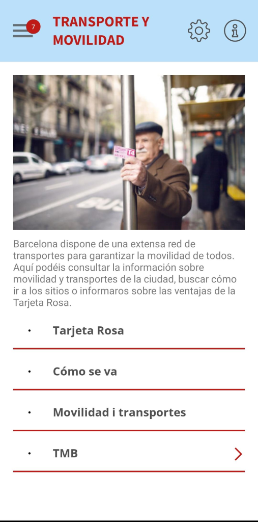 pantalla menú movilidad: tarjeta rosa, cómo se va, movilidad i transportes, TMB