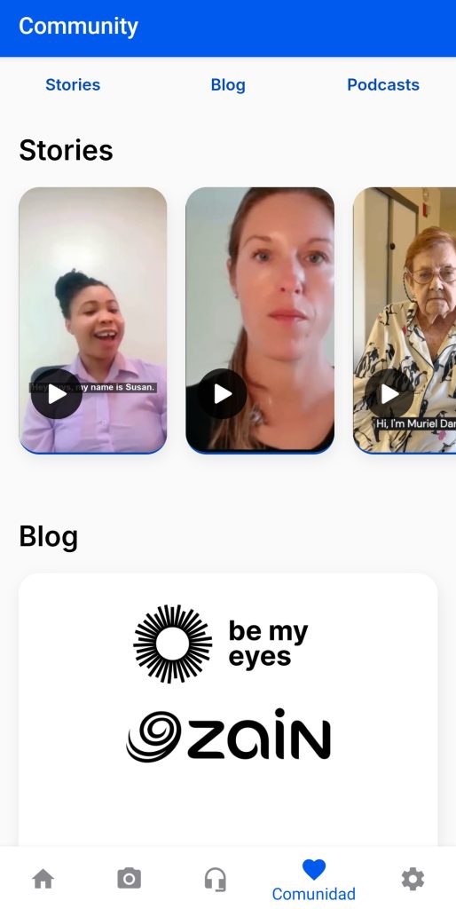 Pagina de la comunidad. En la parte superior se encuentran los botones de stories, blogs y podcast. En ese orden y en forma de fila. En la parte central superior encontramos algunos videos de historias. En la parte central inferior se encuentra el botón para acceder a un blog. Y en la parte inferior se encuentran en forma de fila los botones de navegación ( pagina principal ia, directorio de servicios, comunidad, perfil)