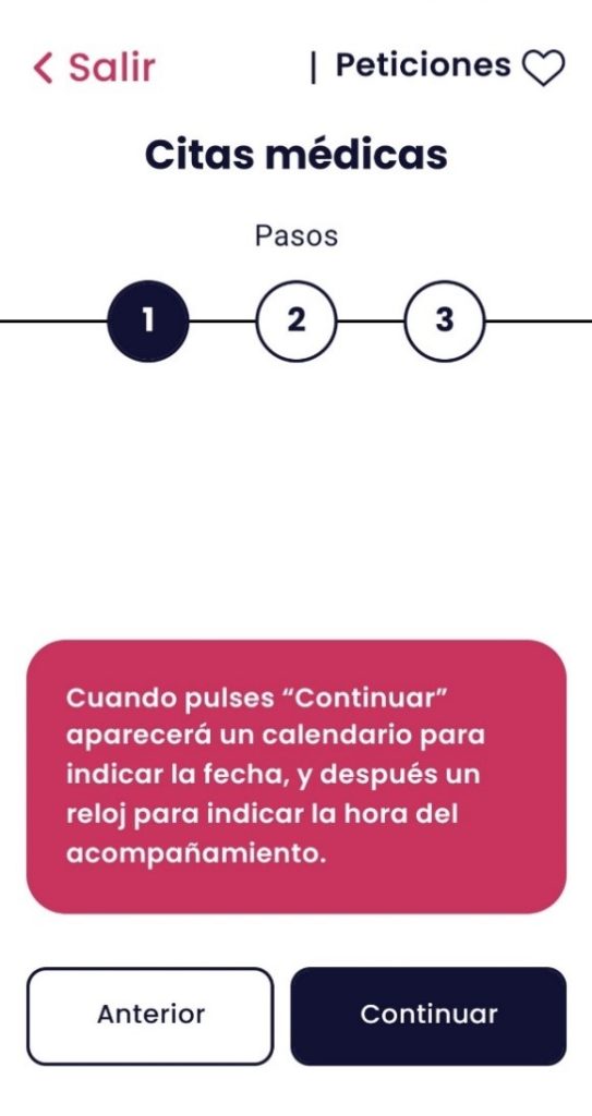 Pagina del primer paso a seguir para pedir citas, en la parte central se encuentra un cuadro de texto que indica que debes pulsar comenzar. Y en la parte inferior se encuentran dos botones de anterior ( a la izquierda) y continuar ( a la derecha)