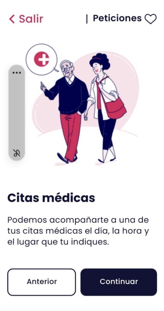 Pagina de inicio de citas medicas. En la parte central hay una foto de una persona mayor con una persona joven. En la parte inferior hay un texto que indica que se te puede acompañar el dia, hora y lugar que indiques. Y en la parte inferior hay dos botones anterior ( a la izquierda) continuar ( a la derecha)