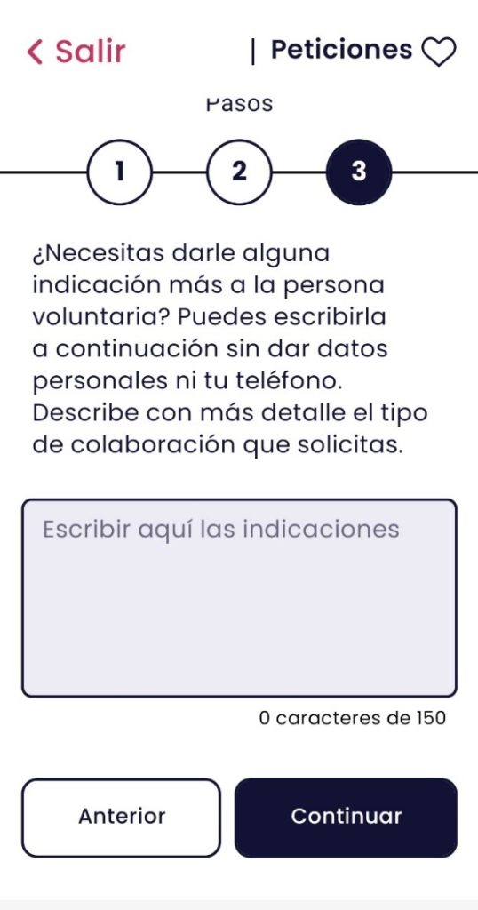 Pagina del tercer paso a seguir para citas medicas. En la parte superior esta el texto que indica que esa pagina sirve para dar alguna indicación adicional al voluntario. En la parte central se encuentra el cuadro de texto donde escribir. Y en la parte inferior se encuentran los botones de anterior a la izquierda, y continuar a la derecha