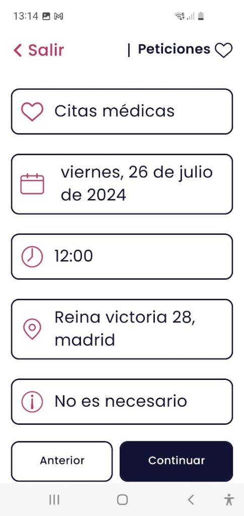 Pagina de confirmar cita, se compone por tres cuadrantes de texto. En el superior está el día, en el central la hora y en el inferior la dirección.