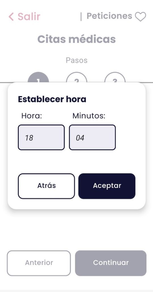 Pestaña para establecer la hora, en la parte central están los cuadrantes de texto para indicar la hora y los minutos y en la parte inferior los botones de atrás (a la izquierda) y aceptar (a la derecha)