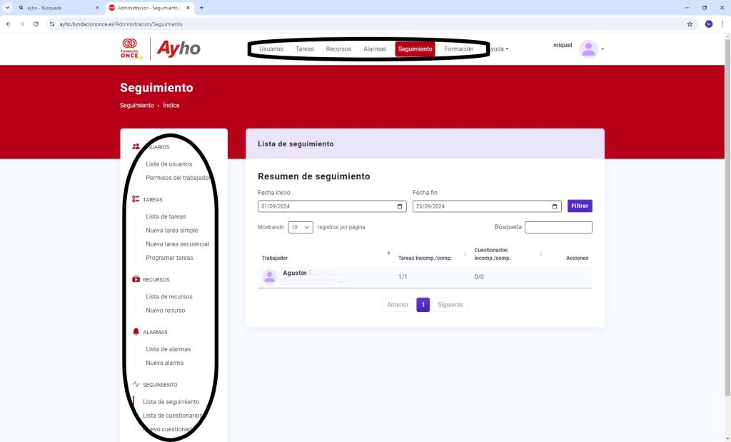 En la imagen se muestra la pantalla de resumen de seguimiento con la parte izquierda de índice redondeada y la parte superior, también remarcado, que es el índice en horizontal, en forma de columna con el siguiente orden : usuarios, tareas recursos, alarmas, seguimiento, formación.