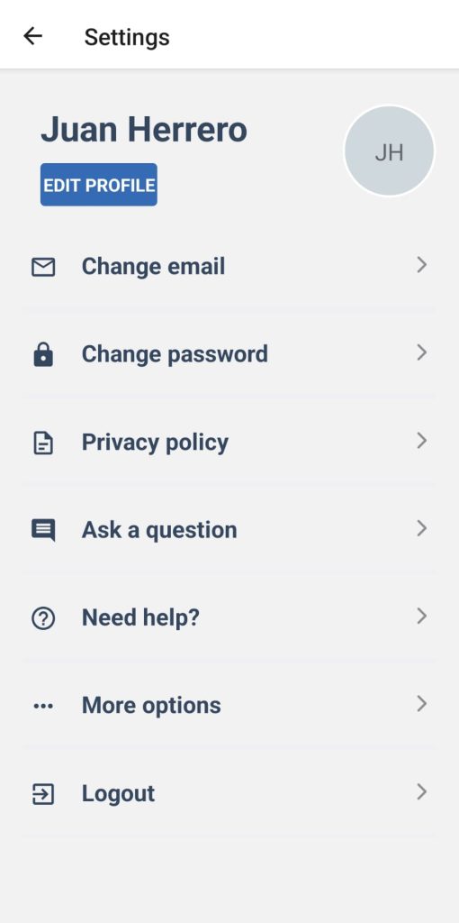 De arriba abajo, se puede acceder a: editar perfil; cambiar email; cambiar contraseña; política de privacidad; hacer una pregunta; centro de soporte; más opciones; desloguearse