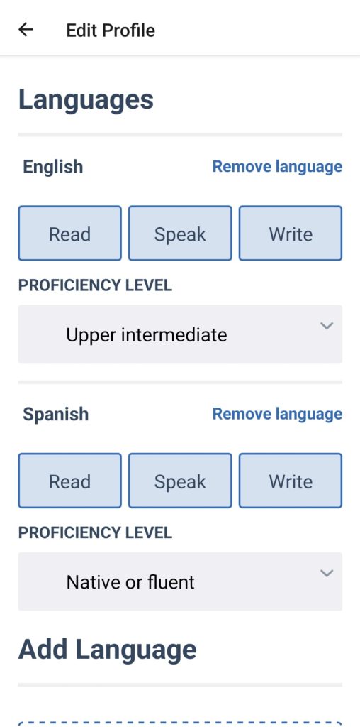 Ejemplo de selección de idiomas donde se ha marcado inglés como idioma de nivel intermedio y español como primera lengua.