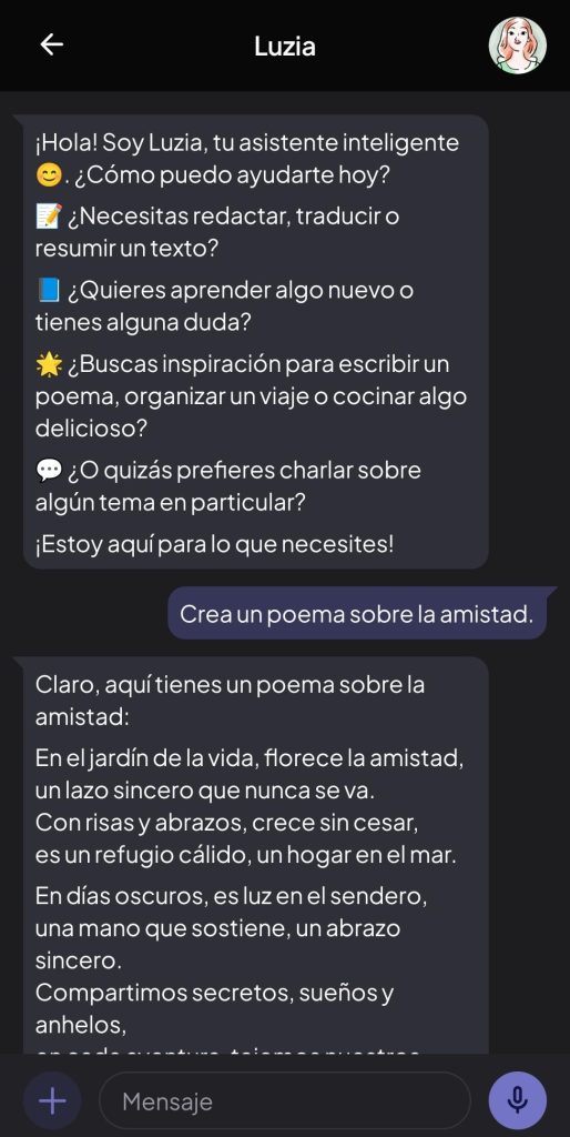 Se muestra una conversación con luzia donde , en la parte izquierda está los mensajes de Luzia y en la derecha están lo de las persona usuaria. En la conversación mostrada se la pide hacer un poema de la amistad