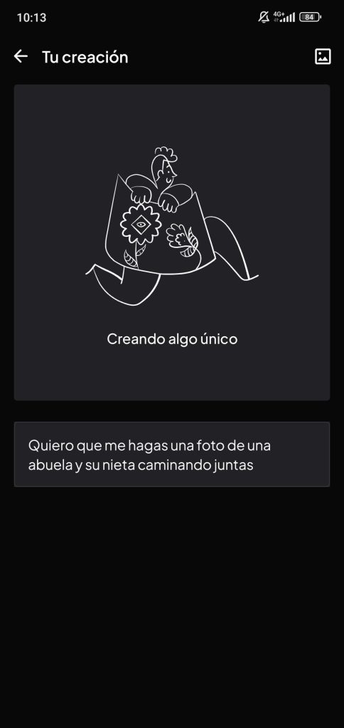 Se muestra la pagina principal de espera mientras que luzia está creando la foto. En la parte central se encuentra un texto donde indica que Luzia esta creando la imagen y en la parte inferior se encuentra la petición que le has hecho a luzia