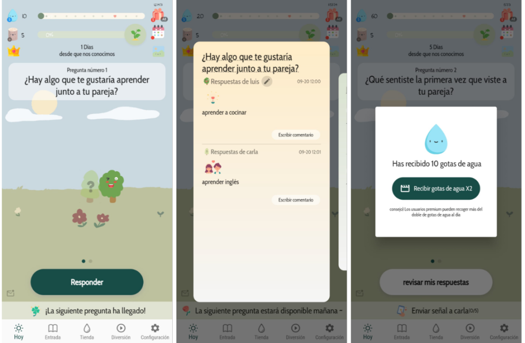 Pulsando al botón de responder en la parte central inferior accedemos a las páginas de respuesta. En la primera escribiremos la respuesta a la pregunta, y en la siguiente podemos agregar un emoji. Al acabar, nos darán una recompensa que podremos canjearla pulsando al botón central.