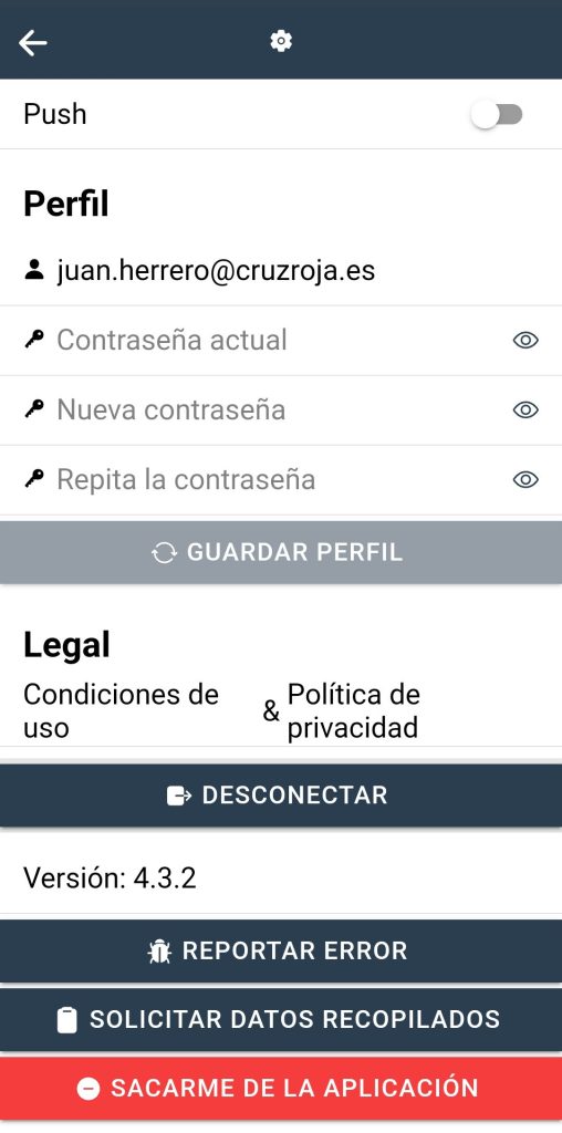 Se muestra la lista de ajustes colocada, de arriba abajo, en el orden en el que se han explicado. Cabe mencionar que, para activar y desactivar las notificaciones, se cuenta con un toggle en la parte derecha de esta opción. En la parte superior izquierda se encuentra un botón para retroceder y así salir de esta sección.