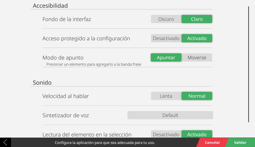 Se muestra, de arriba a abajo, las opciones: fondo de la interfaz, acceso protegido a la configuración, modo de apunte, velocidad al hablar, sintetizador de voz, lectura del elemento en la selección.