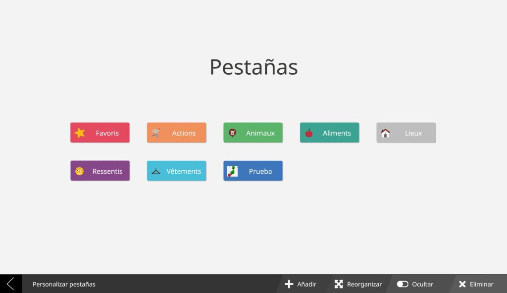 En la parte central, se encuentran las pestañas que tenga la persona usuaria. En l aparte inferior, de derecha a izquierda, las opciones: eliminar, ocultar, reorganizar y añadir.