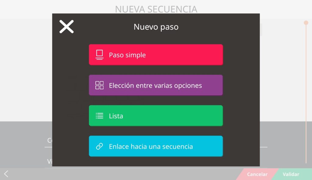 Se muestran, de arriba a abajo, las opciones de: paso simple, elección entre varias opciones, lista y enlace hacia una secuencia.