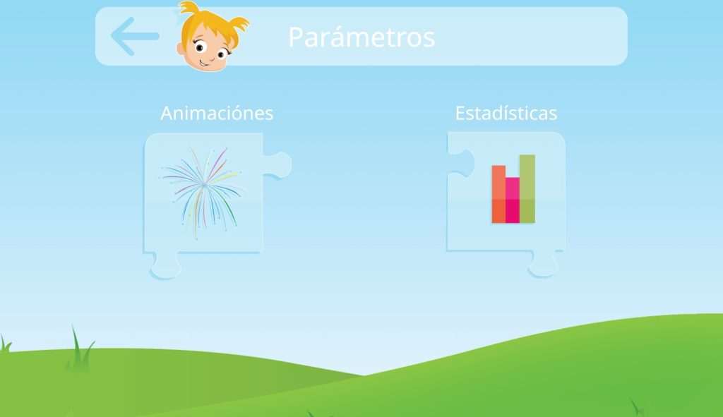 En la parte superior de la pantalla está el titulo 'Parámetros', y en la parte central hay dos piezas de puzzle; la izquierda es de animaciones y la derecha de estadísticas.