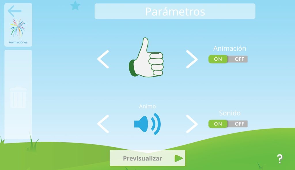 En la parte superior está el titulo 'parámetros'. En la parte central superior tenemos la animación de un dedo pulgar (señalar que esta bien) y en la parte central inferior está el tipo de sonido que se escuchará cuando este bien.