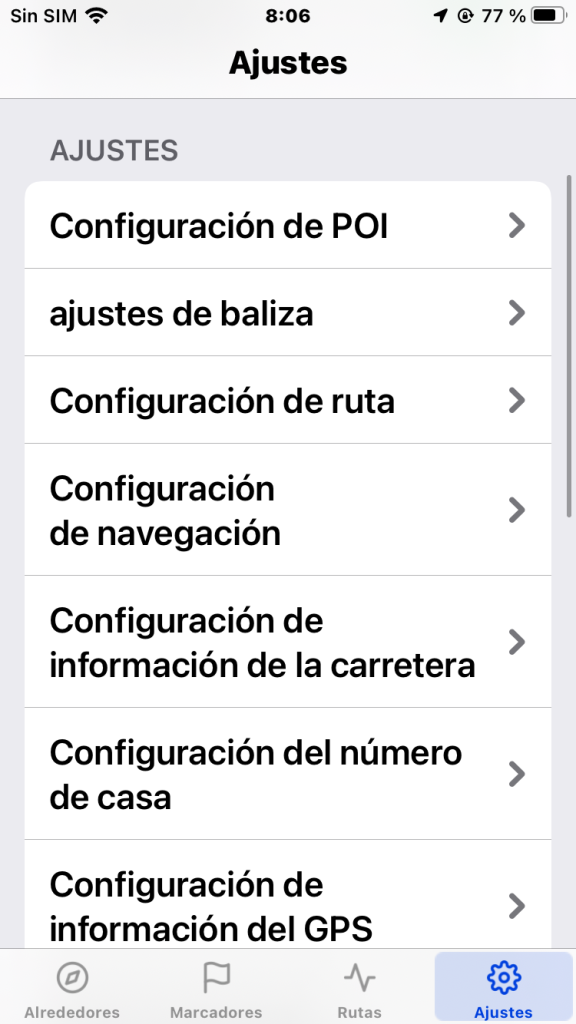 Lista de ajustes que se pueden hacer en la aplicación. Desde la configuración de PDI, ajustes de baliza, configuración de ruta, configuración de navegación, configuración de información de la carretera...