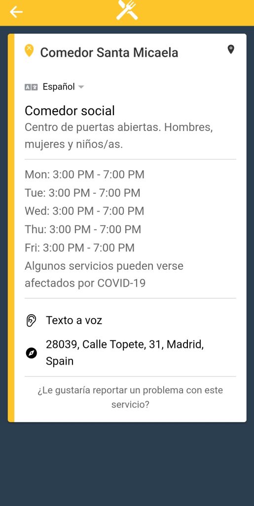 En la parte central se muestra el perfil de una de las entidades, mostrando su nombre, descripción horarios y dirección. En la parte superior izquierda vuelve a encontrarse el icono de retroceder.