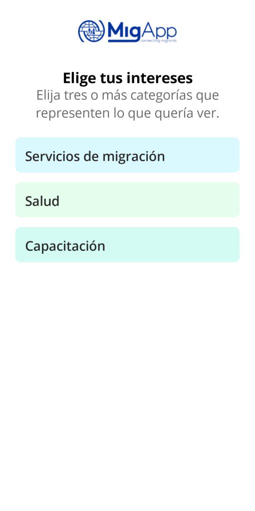 Se muestra la página para seleccionar los tres intereses comentados, ordenados de arriba a abajo en el orden descrito.