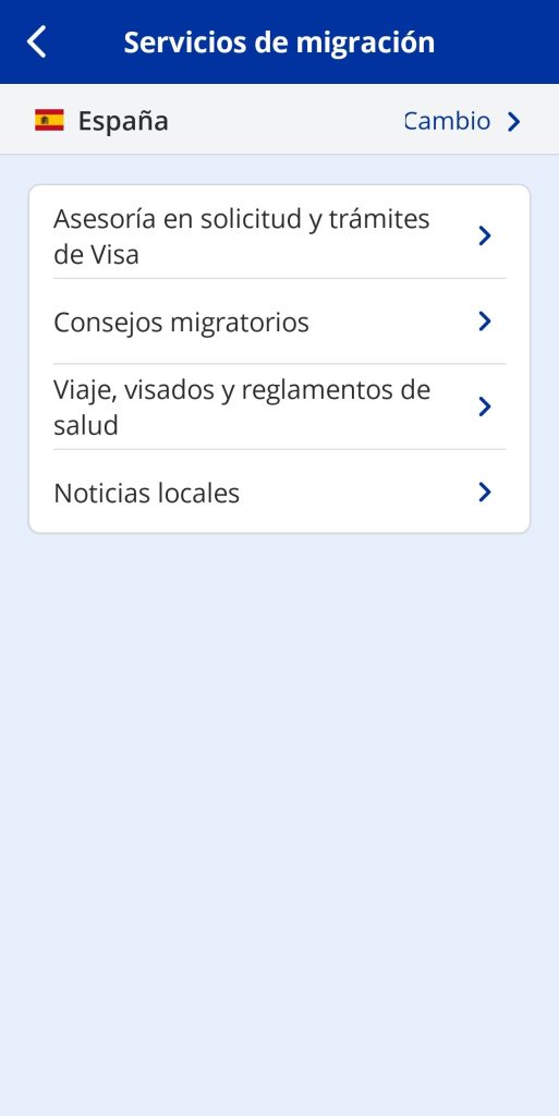 Se muestra la lista de servicios de migración, ordenada en el orden mencionado. Además, en la parte superior central se puede seleccionar el país. En la parte superior izquierda, se encuentra un icono para retroceder de página.