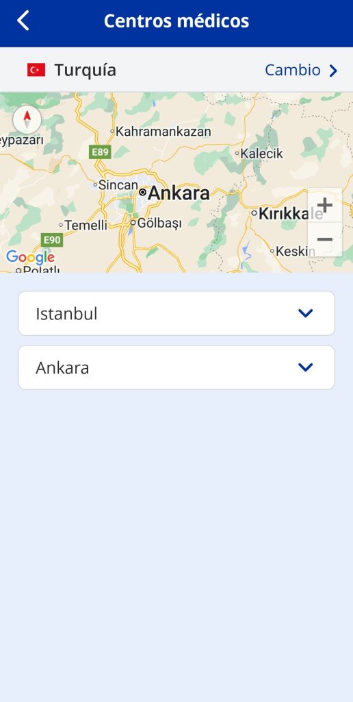En la parte centro-superior se muestra Turquía a modo de mapa. Debajo, los centros disponibles.