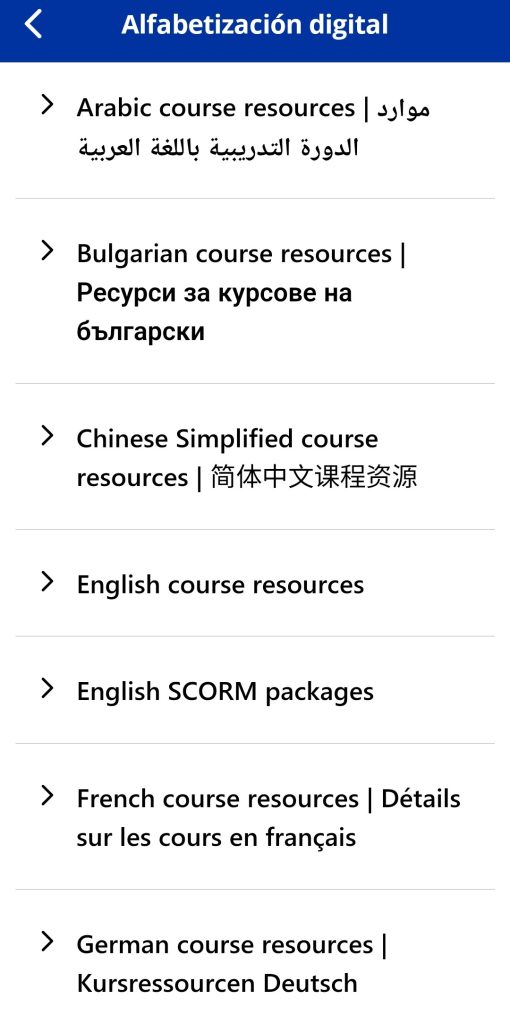 Se muestra el listado de recursos en diversos idiomas de alfabetización digital.