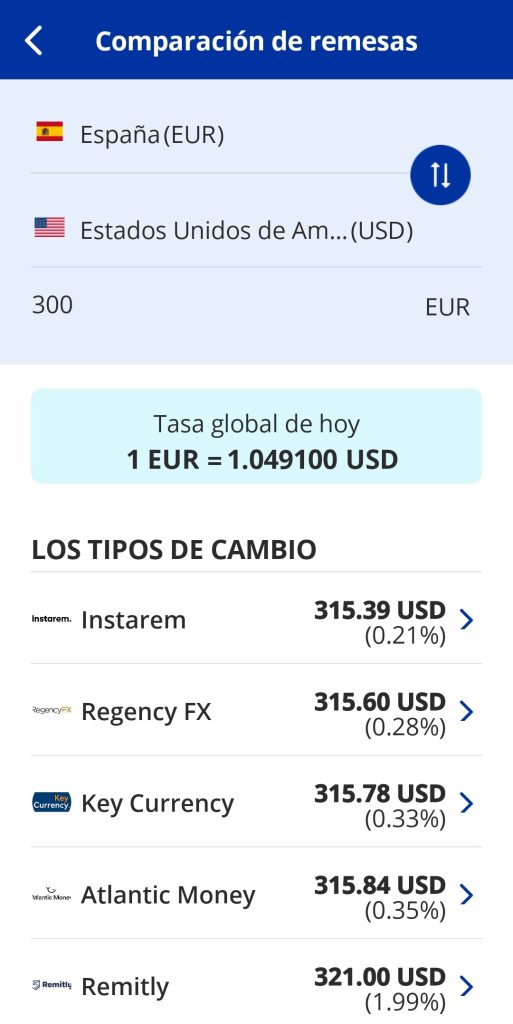 Se muestra, en la parte principal, la opción de seleccionar los países. Debajo de estos, el rellenable para indicar que cantidad económica se quiere comparar. En la parte central e inferior, se muestra la tasa de cambio global y los tipos de cambio.