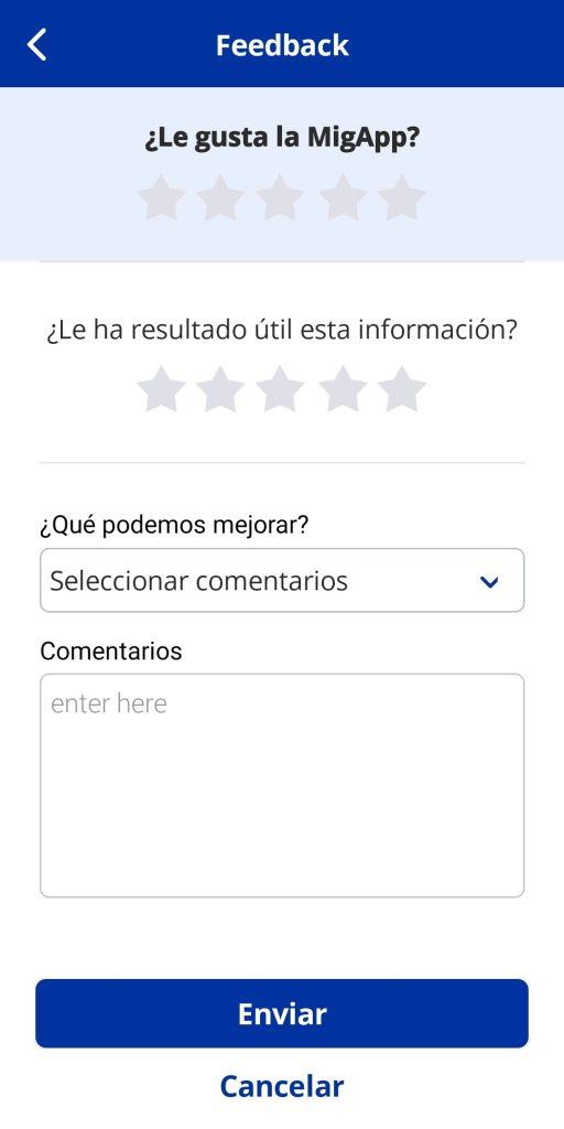 En la parte superior, se puede calificar la aplicación con una selección de estrellas del 1 al 5. Debajo de esto, lo mismo para puntuar la información. En la parte central, se encuentra un desplegable para seleccionar que se puede mejorar. Debajo de esto, aparece una zona para dejar comentarios. En la parte inferior, se encuentra un botón para enviar, y debajo otro para cancelar.