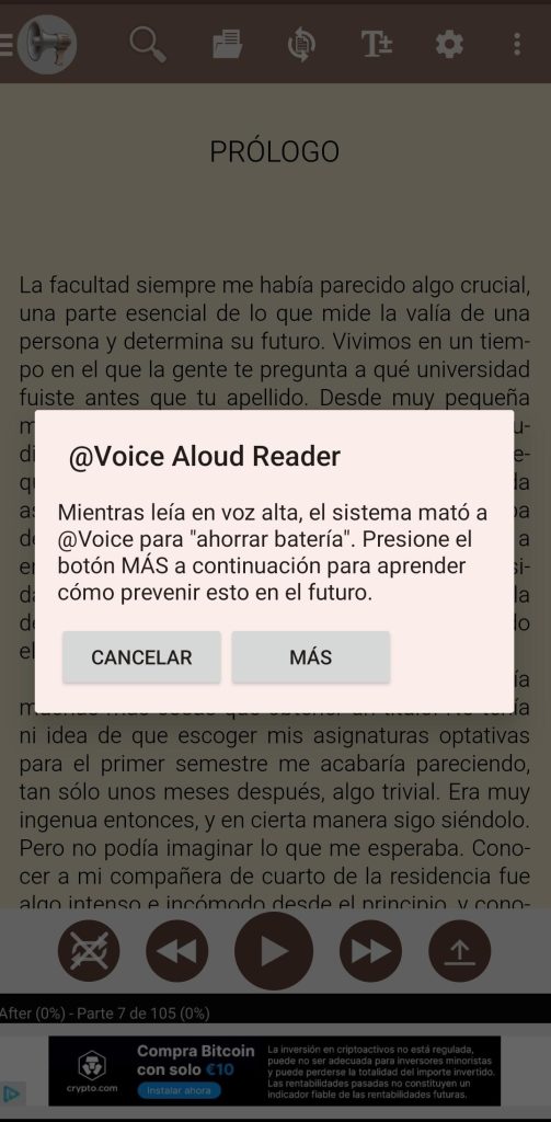 Página principal de la aplicación con un cuadro de texto que indica que mientras se leía en voz alta, el sistema mató a @Voice para ahorrar batería. Abajo de este texto se muestran dos botones, el de la izquierda para cancelar y el de la derecha para obtener más información.