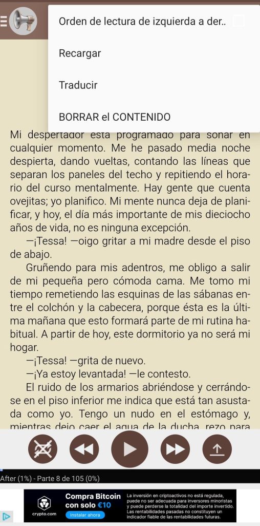 Se muestra el cuadro de botones perteneciente a los ajustes de contenido encima del texto del libro abierto. Esta pestaña muestra cuatro botones de forma vertical y de arriba a abajo son: Orden de lectura de izquierda a derecha, recargar, traducir, borrar el contenido.