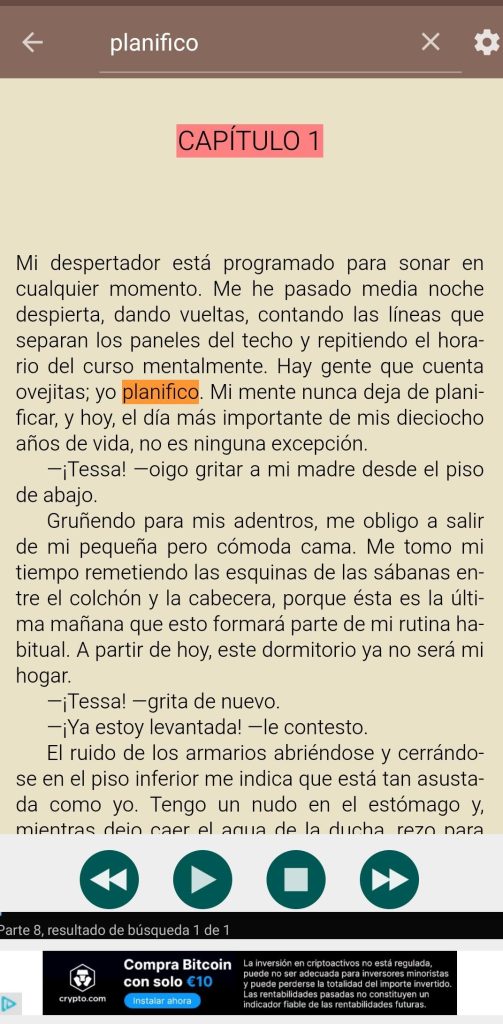 En la parte superior se encuentra el dialogo de texto para introducir lo que se quiera buscar. En la parte central se encuentra el texto del libro y la palabra a buscar subrayada de naranja