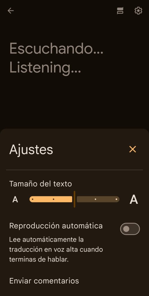 Se muestran las opciones de ajustes mencionadas. Para aumentar o disminuir el tamaño de texto, se debe arrastrar una barra.