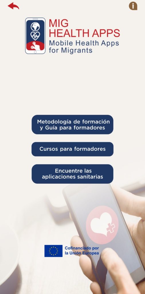 Se muestra la página de inicio, con lo tres botones centrales mencionados, ordenados, de arriba a abajo, en el orden especificado.