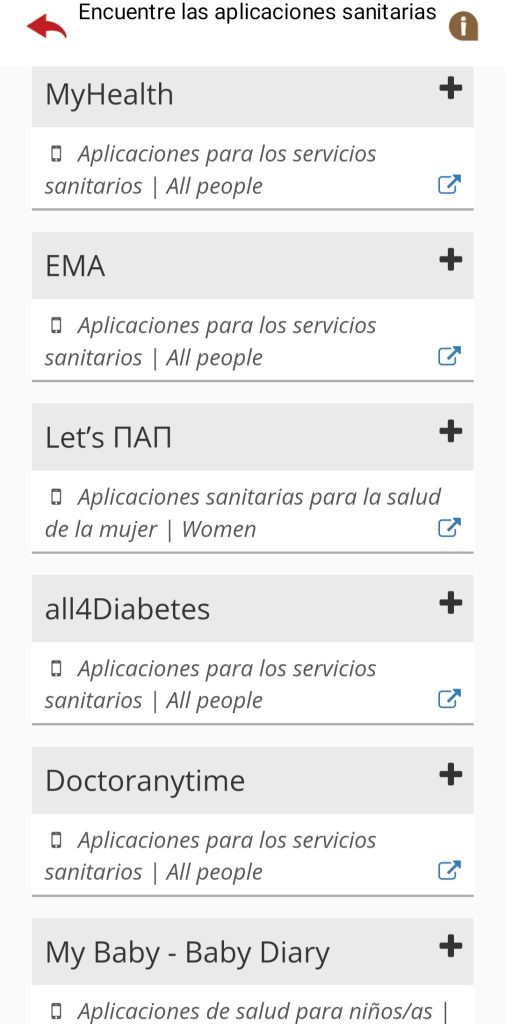 Se muestra parte del listado de apps. Además, en la parte derecha de cada una hay un icono en forma de cruz. Si se selecciona, se abre un desplegable informativo.