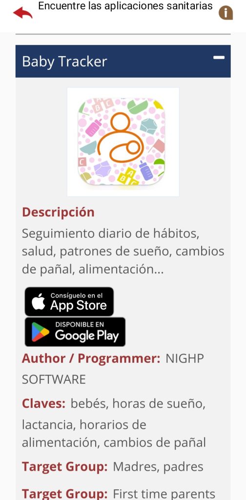 Se muestra como ejemplo la información acerca de la app "Baby Tracker". En la parte superior derecha hay un icono con forma de guión, con el que se puede cerrar el desplegable.