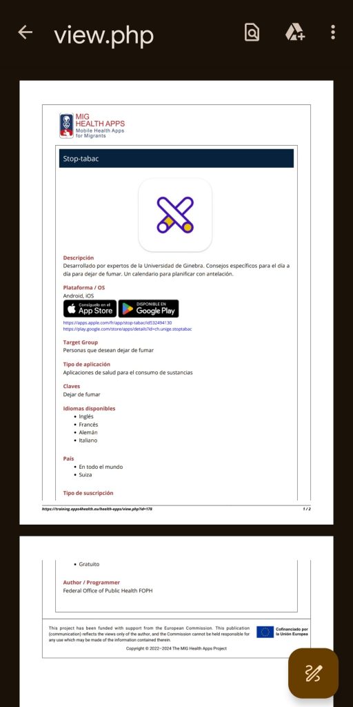 Se muestra un pdf con la información de la aplicación "Stop-tabac".