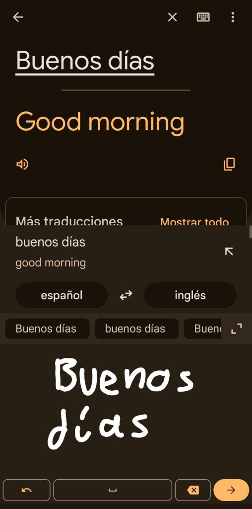 Se muestra un ejemplo de traducción con escritura a mano,