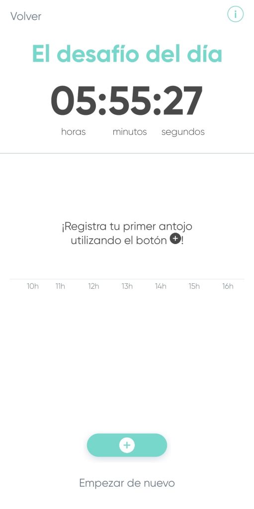 Se muestra un ejercicio de registro. En la parte central inferior hay un botón para registrar los antojos. Justo debajo de este, hay otro para empezar de nuevo