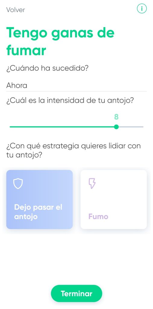 Se muestra la página, con loas preguntas ordenadas, de arriba a abajo, en el orden explicado. Para la última pregunta, a la izquierda se encuentra el botón de pasar el antojo y a la derecha el de fumar. En la parte inferior central se encuentra el botón de terminar.