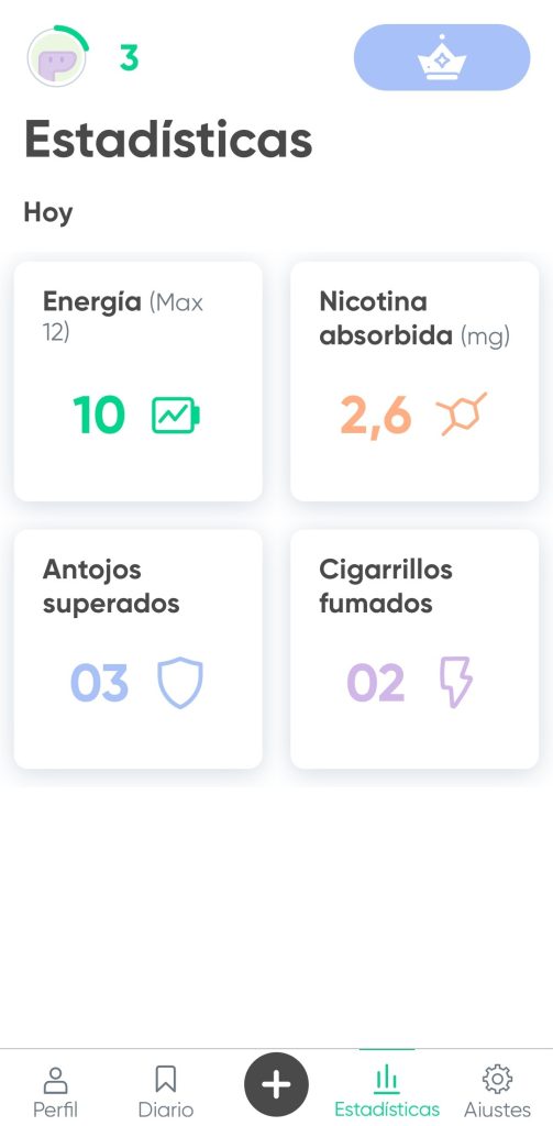 Se muestran las estadísticas. En la parte central superior, a la izquierda el botón de energía y a la derecha el de nicotina absorbida. Debajo de estas, respectivamente, el de antojos superados y cigarrillos fumados.