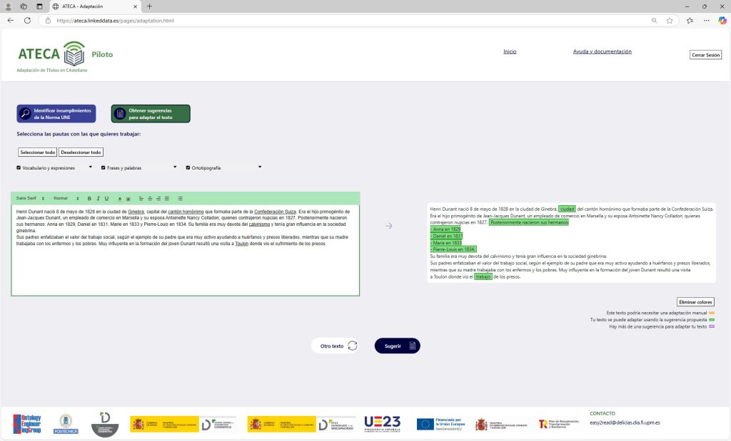 Sección para obtener sugerencias para corregir el texto. A mano izquierda se encuentra el texto subido a web y a mano derecha el texto corregido. Además, estas sugerencias son subrayadas en verde. Abajo del texto sugerido se encuentra una leyenda donde indica que si lo subraya en amarillo es que necesita adaptación manual, en verde es la sugerencia propuesta y en morado es que hay mas de una sugerencia propuesta.