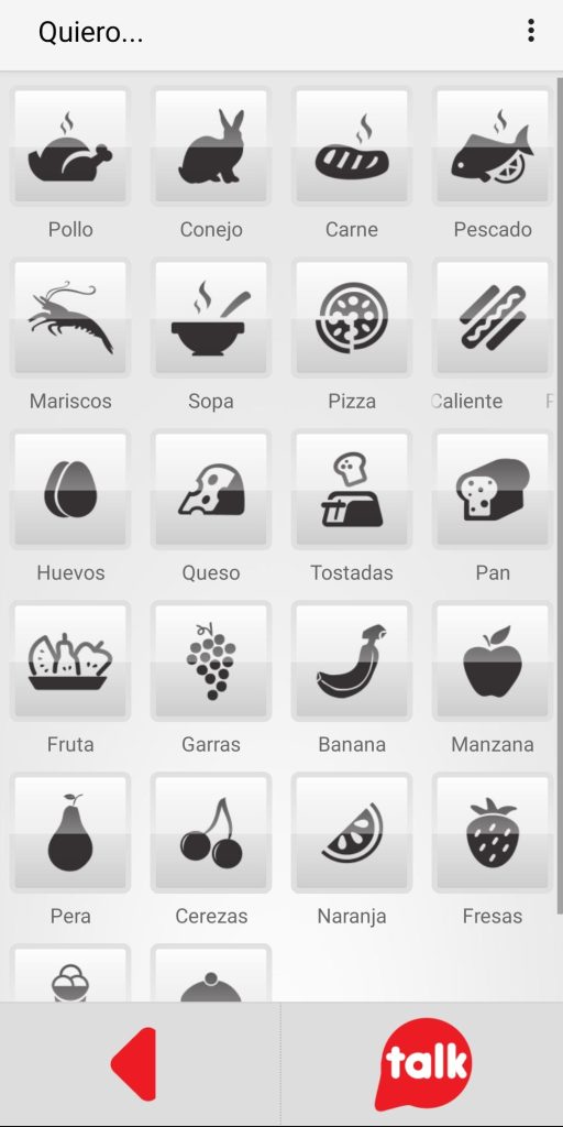 Página de comida: En la parte central de la imagen se encuentran los diferentes botones con los pictogramas y la palabra debajo. En la parte inferior de la imagen están dos botones, a la izquierda el botón de volver a atrás y a la derecha el de Talk