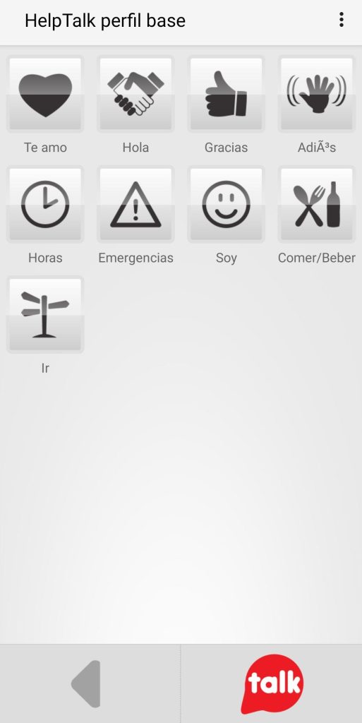 Página principal, en la parte central se encuentran 9 botones con sus pictogramas y la palabra debajo. En la parte inferior se encuentran dos botones, a la izquierda el de volver a atrás y a la derecha el de talk.