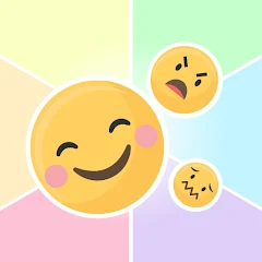 Logo Emocionalmente. Emoticono sonriendo, enfadado y con miedo sobre fondo de colores.